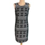 DKNYC Embroidered Geometric Print Dress Size 4 Black White Linen Blend Sheath Photo 1
