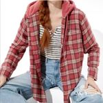 AMERICAN EAGLE Coral Plaid Hooded Flannel Long Sleeve Top Cozy Fall Size XXL Photo 0