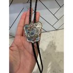 Vintage silver gold copper plated rose leaf leather braided metal tipped bolo Photo 6