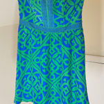 Alice & Trixie  EUC Women's Green Blue Silk Strapless Geo Print Dress Size M Photo 0