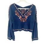 Linjia Shop Womens Boho Embroidered Flare Long Sleeve Cropped Top Size L Navy Blue Size L Photo 1
