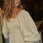 Doen Catrinette White Smocked Square Neck Puff Balloon Long Sleeve Midi Dress S Photo 2