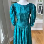 Vintage Emerald Green Floral Satin Basque Waist Floor Length Gown Dress Sz 11/12 Blue Photo 2