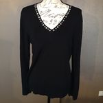 Black Knit V Neck Top with Silver Grommet Accents Size M Photo 2