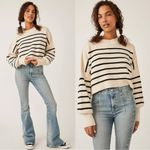 Free People Easy Street Stripe Crop Pullover Large Cream Black Coastal Preppy Photo 4