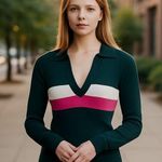 Anne Klein NWT  Sport Fiona Long Sleeve V-Neck Polo Pullover Photo 0