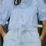 ZARA Blue Cotton Top Crochet Eyelet Lace Floral Cutout Puff Sleeve Size Small Photo 0