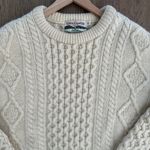 Anthropologie Vintage Celtic Country 100% Wool Irish Cable Knit Crew Neck Sweater Cream Large Photo 2