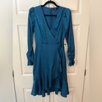 Lulus Teal Blue Lulu’s Flair For Drama Satin Jacquard Wrap Midi Dress Size S Photo 3