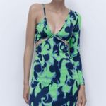ZARA Green Asymmetric Jacquard V-Neck Dress Size M Spaghetti Strap One Sleeve Photo 3