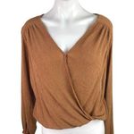 Free People  Check On It Brown Faux Wrap V-neck Long Sleeve Blouse Top Size S Photo 0