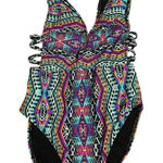 No Boundaries Tribal Print One Piece Swimsuit Plunge‎ Neckline Tie Straps Size M Photo 0