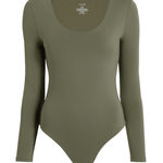 Nuuds XL Olive Green Scoop Neck Long Sleeve Thong Bodysuit Minimalist Chic Photo 0