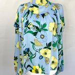 INC New Floral Print Ruffle Overlay Tie Neck Long Sleeve Blouse Blue Yellow Photo 3