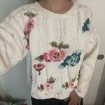 Vintage Floral Chunky Knit Sweater White Size L Photo 0