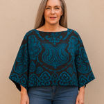 Boutique Paisley Patterned Knitted Layered Shawl Poncho Blue Black Medium Large XL Photo 0