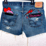 Levi's  569 Cut Off Distressed Denim Shorts Womens 30/31 Patches Y2K Festival‎ Photo 1