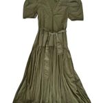 ZARA Women’s Puff Short Sleeve Fit And Flare Olive Green Cotton Midi Dress Sz S Photo 7