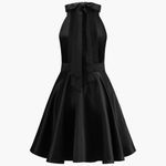 COMMENSE Satin Knotted Doule Pockets Open Back Pleated Mini Dress Medium Black Photo 7