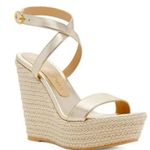 Stuart Weitzman $550 Alex Platform 5.5" Wedge WOVEN RAFFIA GOLD LEATHER Size 7 Photo 0