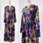 vintage • 70s maxi dress Japanese kimono black floral cherry blossom bell sleeve Photo 1
