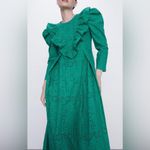 ZARA  Broderie Anglaise Cutwork Embroidered Eyelet Ruffle‎ Midi Dress Green Sz XS Photo 9