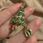 Vintage Christmas Tree Brooch w/ Virgin Mary Dangle Charm Gold Tone Green Enamel Photo 4