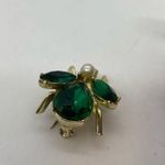 Vintage 60s Rhinestone Flying Insect Bug Brooch Pin Green Gold White Pearl Photo 3