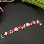 Red Genuine Leather Rhinestone Charms 7 1/2” Toggle Bracelet 36g. Photo 6