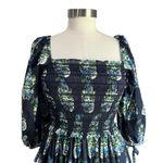 Cara Cara Jazzy Blue Green Print Puff Sleeve Smocked Cotton Midi Dress Sz S Photo 5