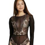 Black Lace Rose Gold Long Sleeve Teddy Bodysuit Size XS Photo 0