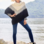 Talbots Colorblock Cable Knit Turtleneck Poncho Black White Gray Large Chevron Photo 0