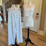 Pajama Set White Waffle Spaghetti Strap Crop Top Matching Pants Size M Photo 3