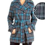Love Tease  Plaid grey purple trench coat w/black belt size medium button pockets Photo 0