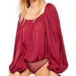 Free People Red Burgendy Wine Flowy Boho Silky Long Sleeve Boho Bodysuit Sz L Photo 20