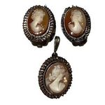Antique German 800 Silver Cameo Pendent & Clip On Earrings Set Silver Photo 0