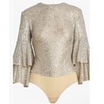 Mac Duggal  NWD Size Small Nude Silver Ruffle 3/4 Sleeve Sequin Bodysuit R26822 Photo 2