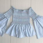 Central Park West Smocked Off the Shoulder Bell Sleeves Top Sz XS Blue White Photo 0