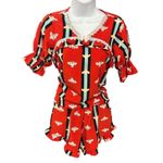 Womens Bee Print‎ Pajama Set Short Sleeve Top & Ruffle Shorts Loungewear** Red Photo 0