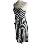 Style House  Button Up Midi Dress M Blue White Striped Pockets Adjustable Straps Photo 2