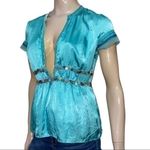 Karen Millen England Size 6 Turquoise Deep Neck Button Waist Top Blouse Photo 3