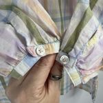 Talbots  Size M Ruffle Tunic Top Rainbow Plaid Lightweight Ladder Trim Split Neck Photo 3