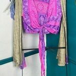Women's Purple/Pink/Yellow 100%
Silk Long Sleeve Wrap Shirt Purple Photo 0