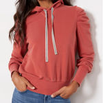 Evereve Tyra Puff Sleeve Hoodie Rust Coral L Cotton Blend Cozy Casual Photo 0