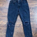 Abercrombie & Fitch A&F • High Rise Mom Jean black denim ripped knees distressed raw frayed ankle Photo 0