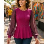 89th Madison NWT Medium Sheer Magenta Haze Knit Peplum Top Mesh Balloon Sleeves Purple Photo 0