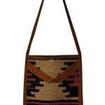 Vintage 90s Turkish Kilim Knit Leather Shoulder Bag Western Bohemian Southwest Tan Photo 0