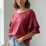 Anthropologie Saturday Sunday Ellie Ruffle Short Sleeve Sweatshirt Top Size L Photo 0