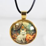 Handmade Autumn Enchantment – Gothic Cat Necklace Collection White Cat Pumpkin Patch Gold Photo 2