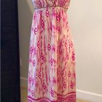Loft  Pink Cream Gold Print Silk V neck Criss Cross Back Maxi Dress NWT Photo 1